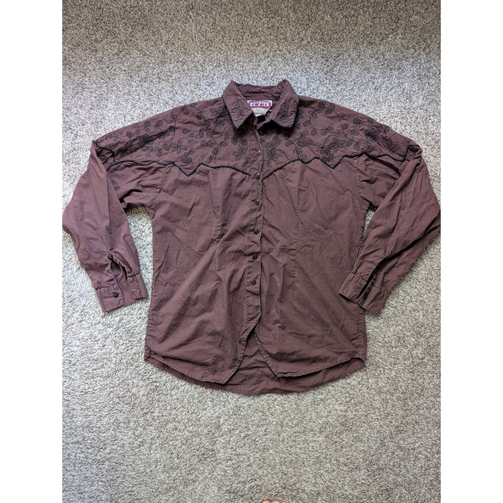 Sugar Ranch Western Shirt Women L Brown Embroidered Floral Scalloped Trim Rodeo